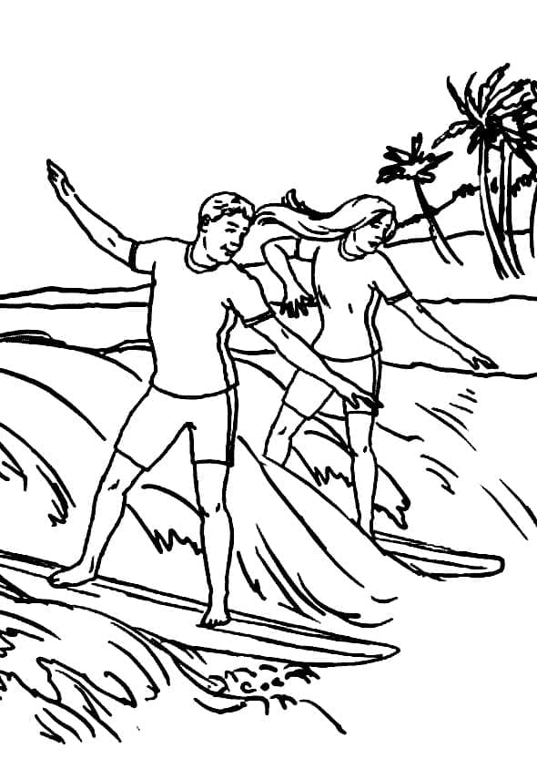 Coloriage Couple de Surf