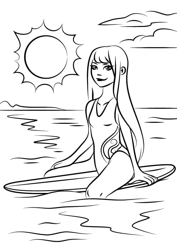 Fille sur Planche de Surf coloring page