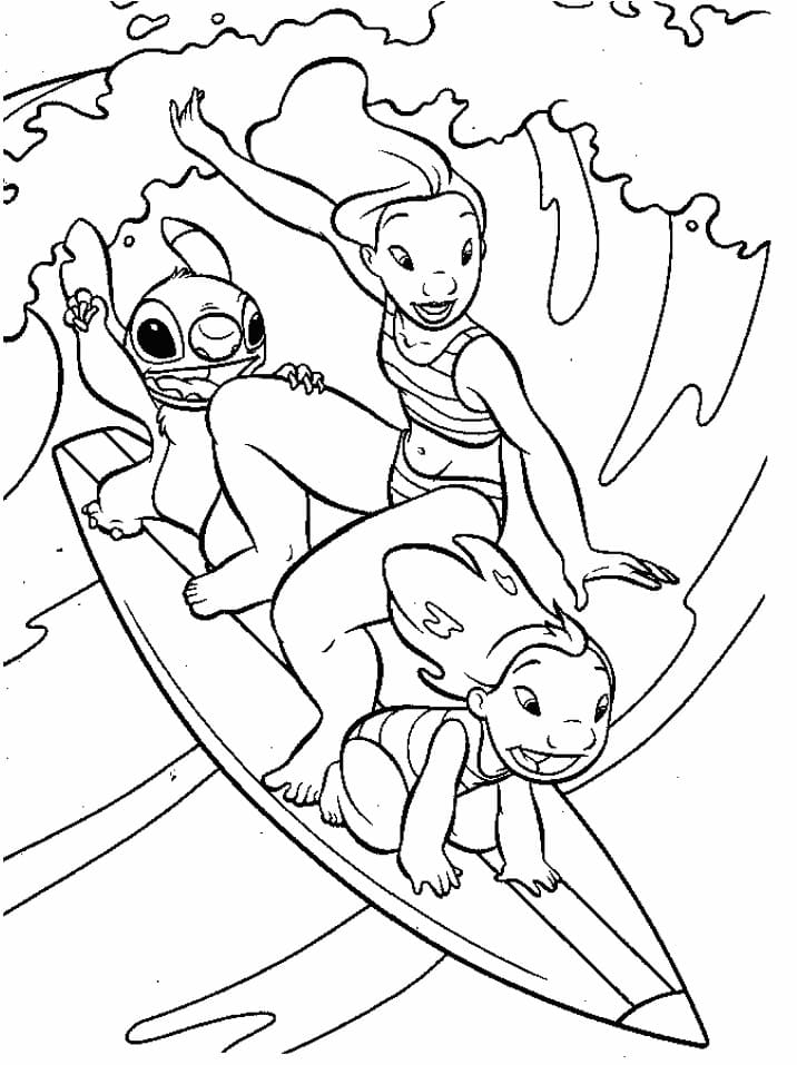 Coloriage Lilo et Stitch Surfent