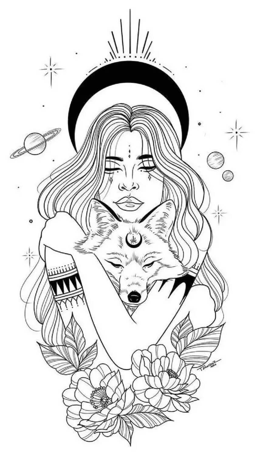 Mandala Fille et Loup coloring page