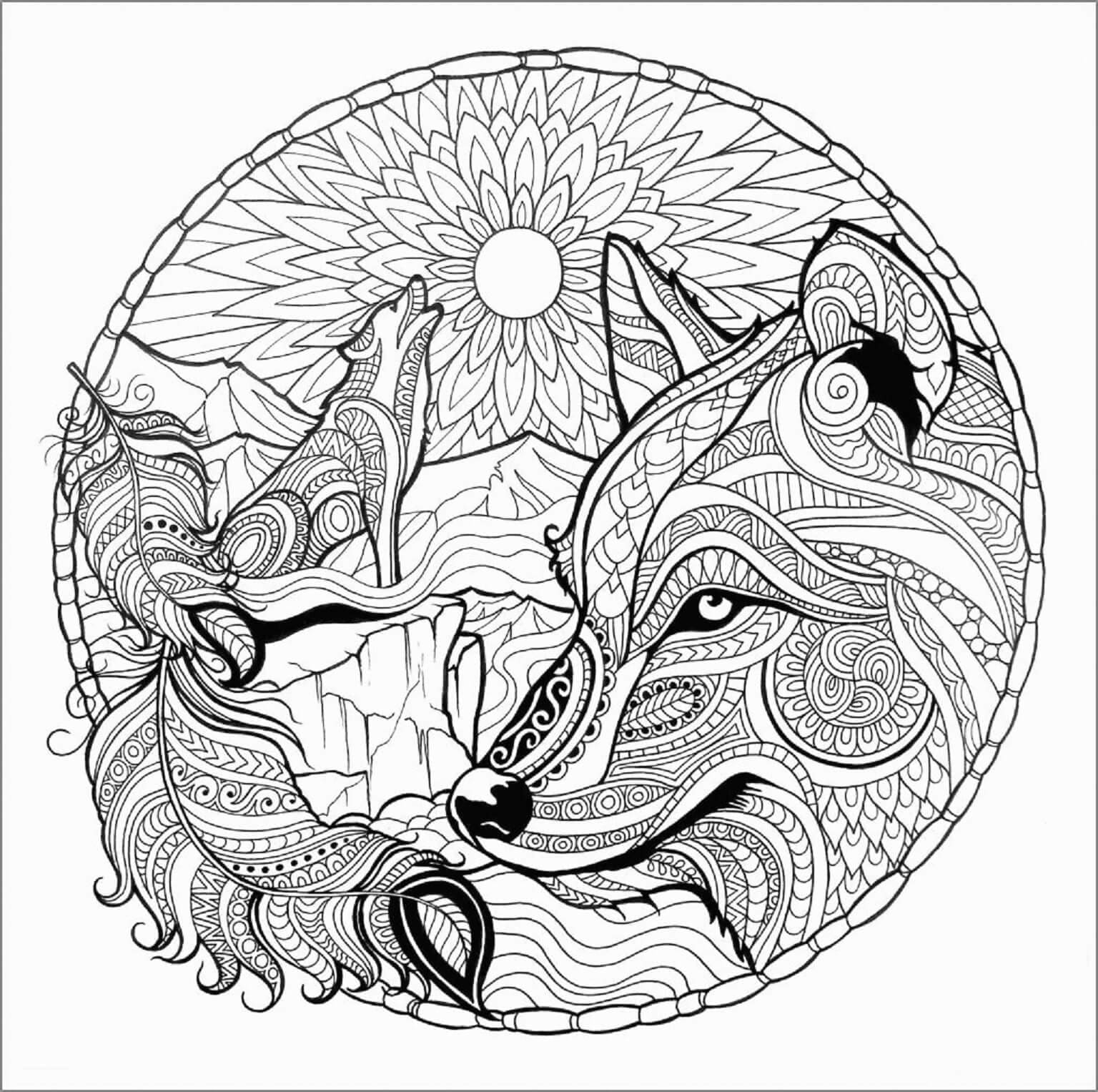 Two Wolves Mandala coloring page