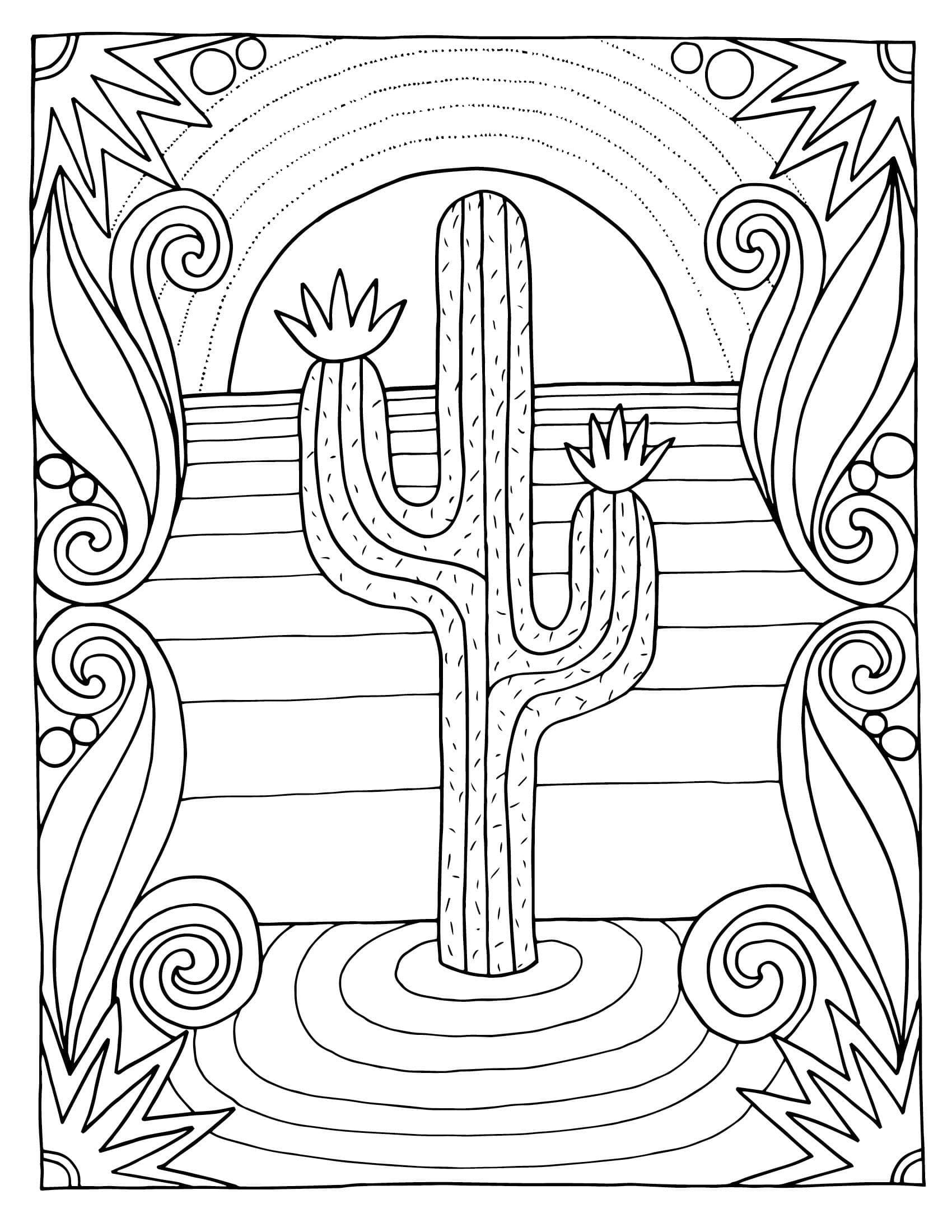 Cactus et coucher de soleil coloring page