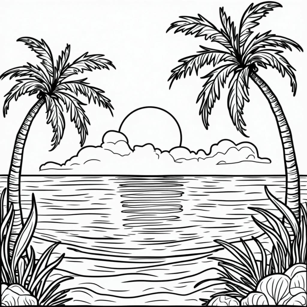 Coucher de soleil et la mer coloring page