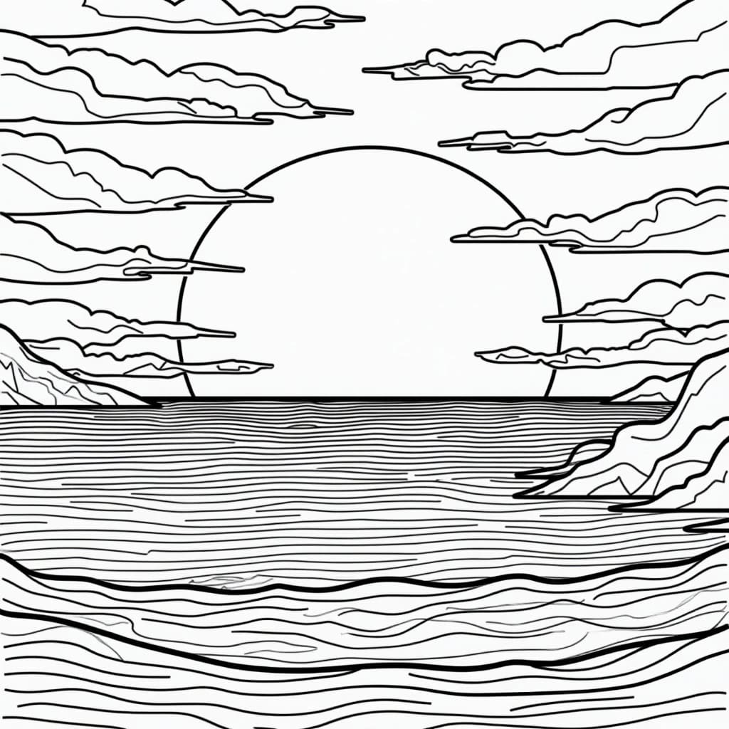 Coloriage Coucher de soleil et mer