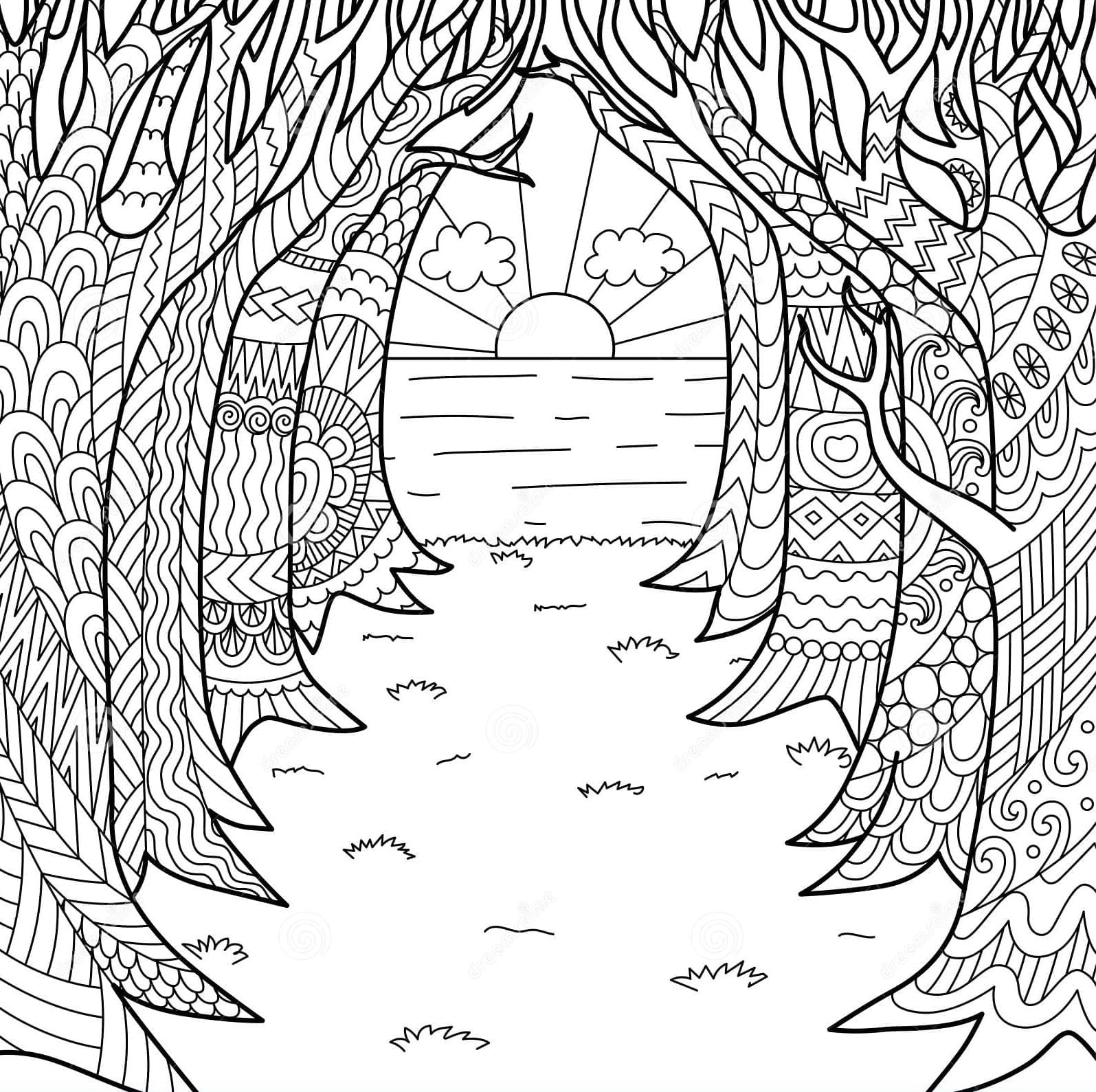 Coucher de soleil fantastique coloring page