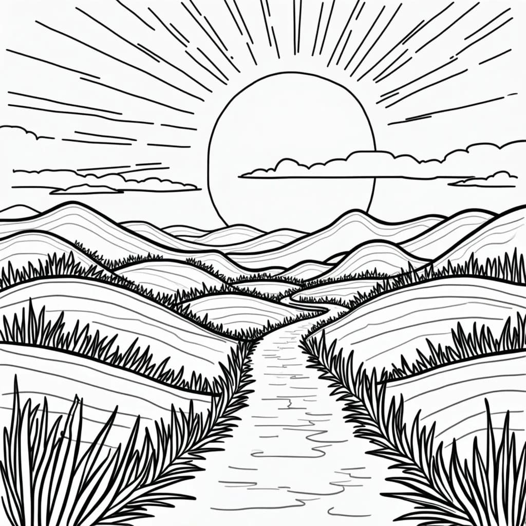 Coucher de soleil sur le terrain coloring page