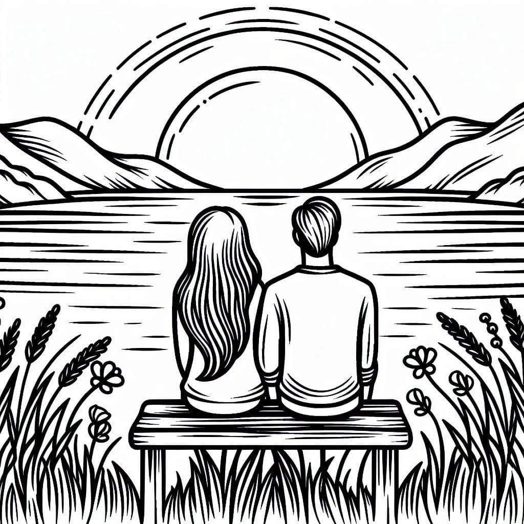 Couple et coucher de soleil coloring page