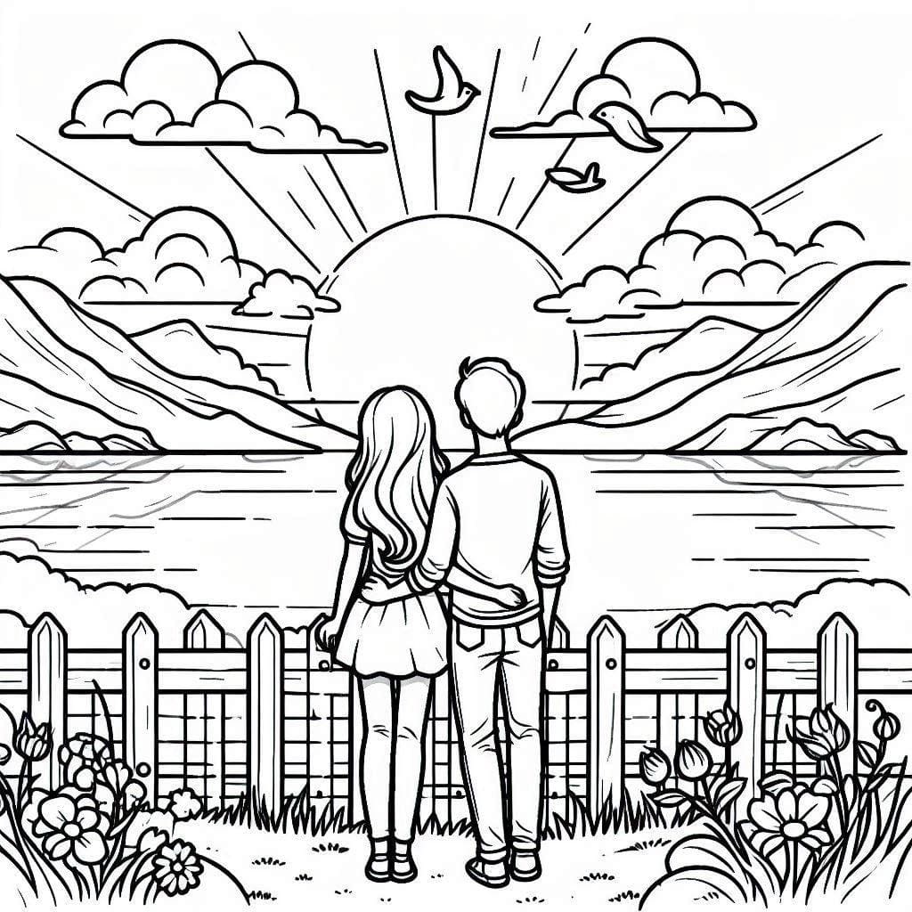 Coloriage Couple regardant le coucher du soleil