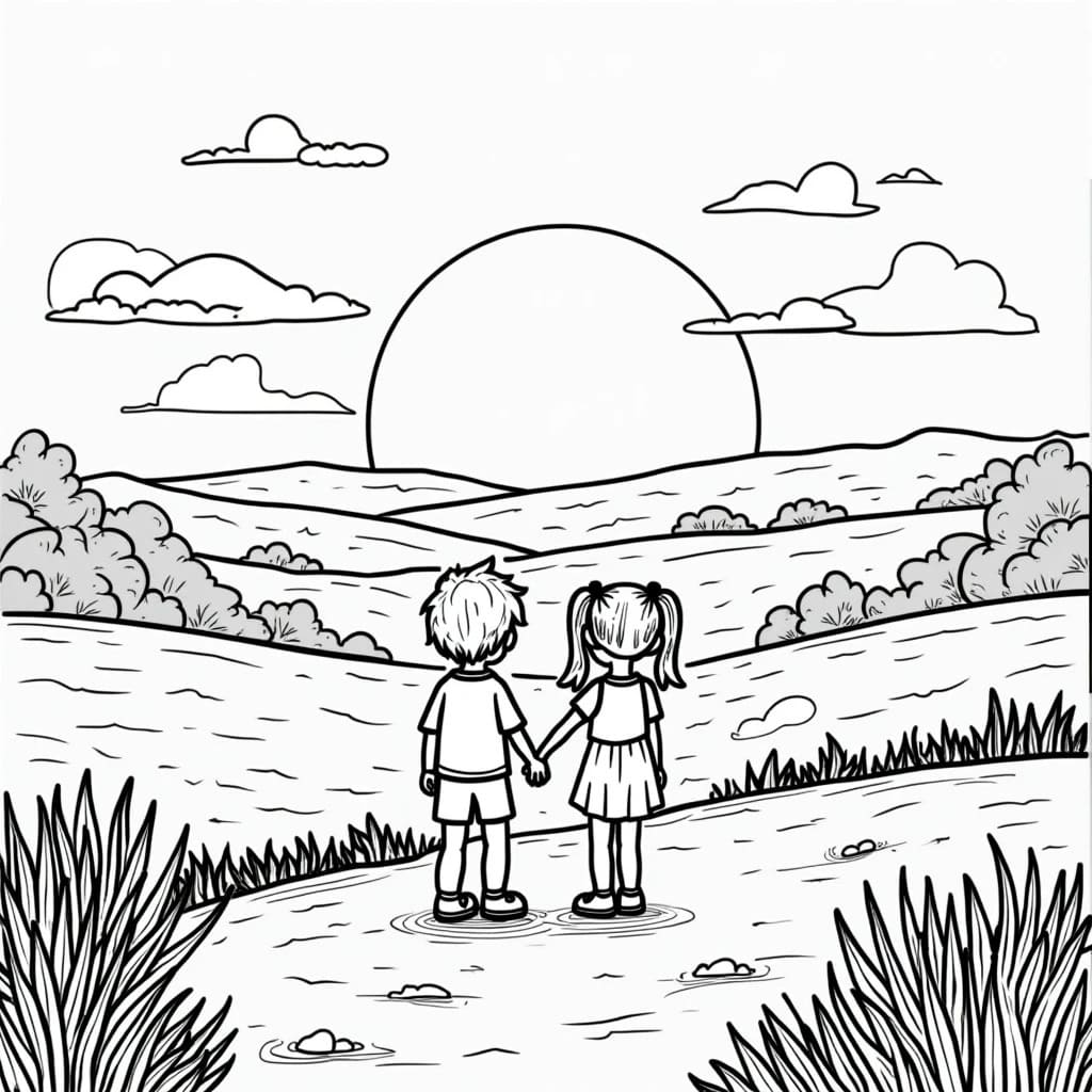 Coloriage Enfants et coucher de soleil