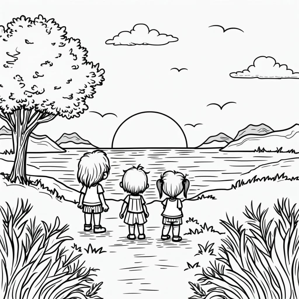 Enfants regardant le coucher du soleil coloring page