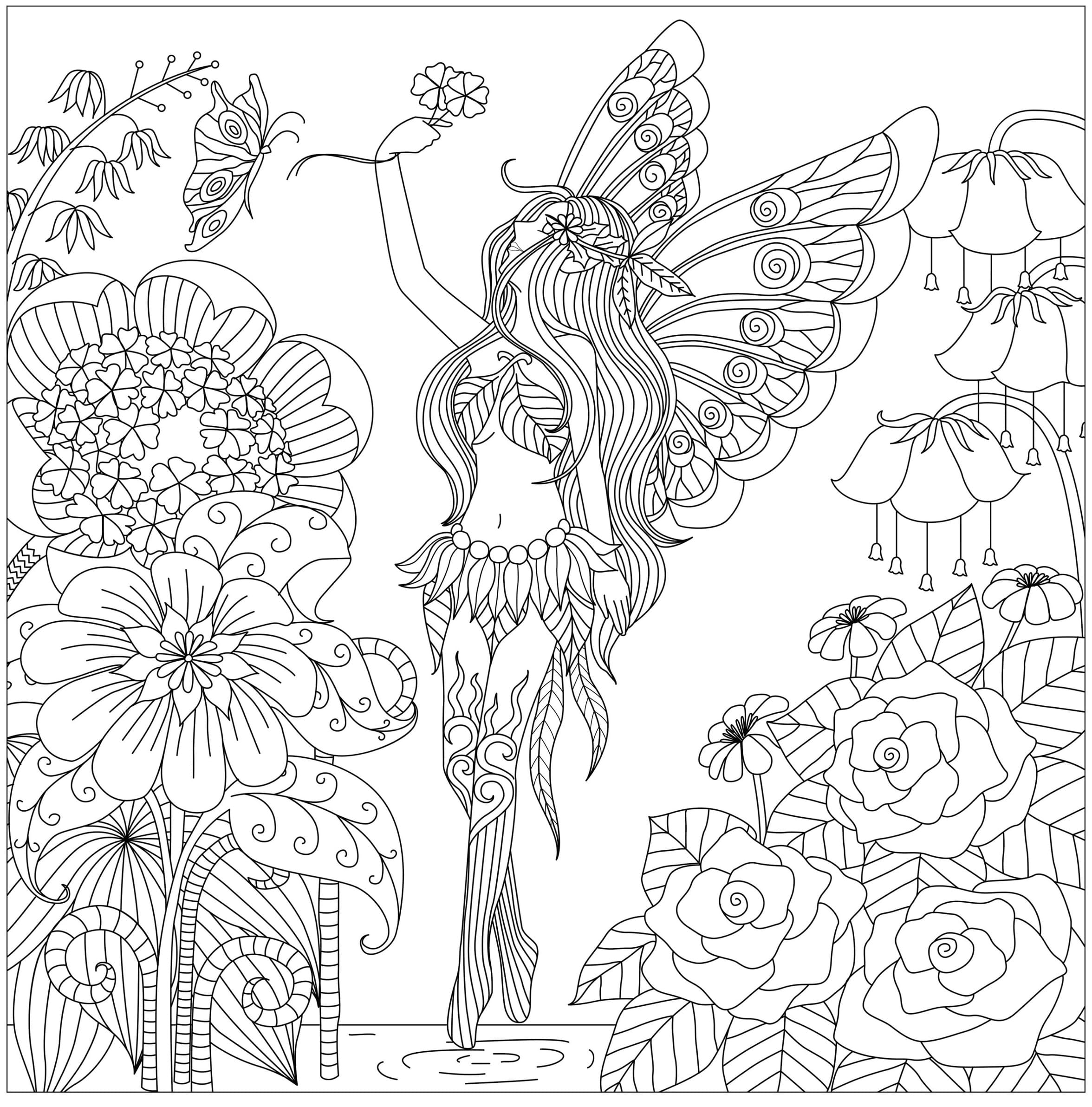 Fée et Fleurs Adultes coloring page