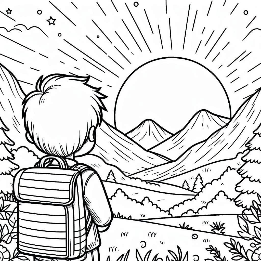 Garçon regardant le coucher du soleil coloring page