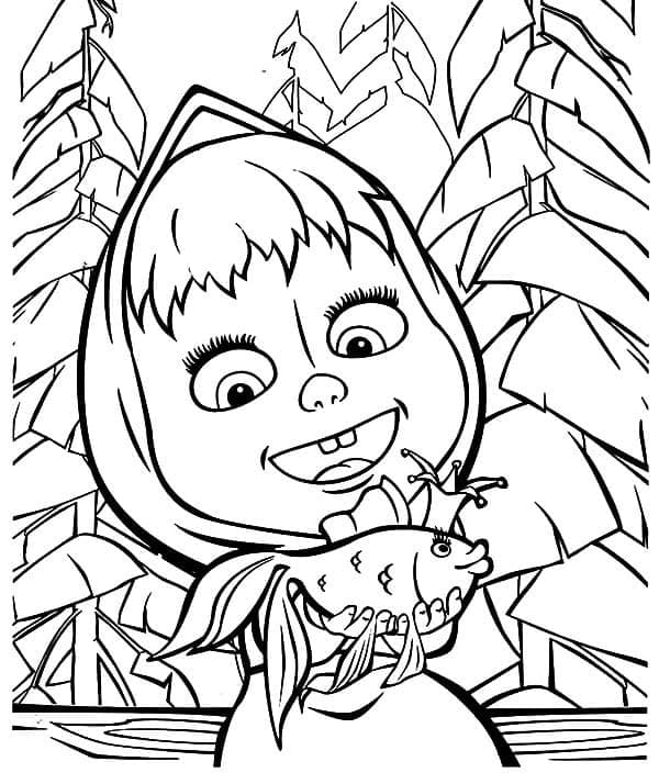 Coloriage Masha et Poisson Rouge