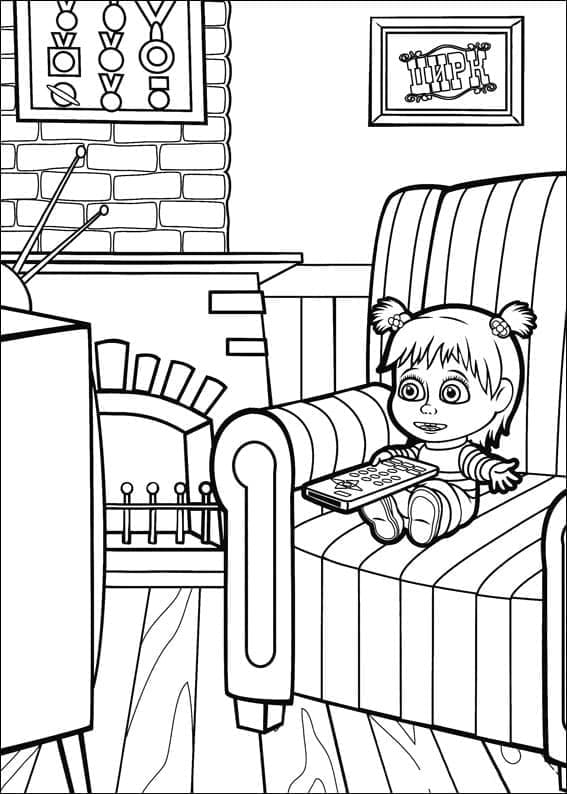 Masha regarde la télé coloring page