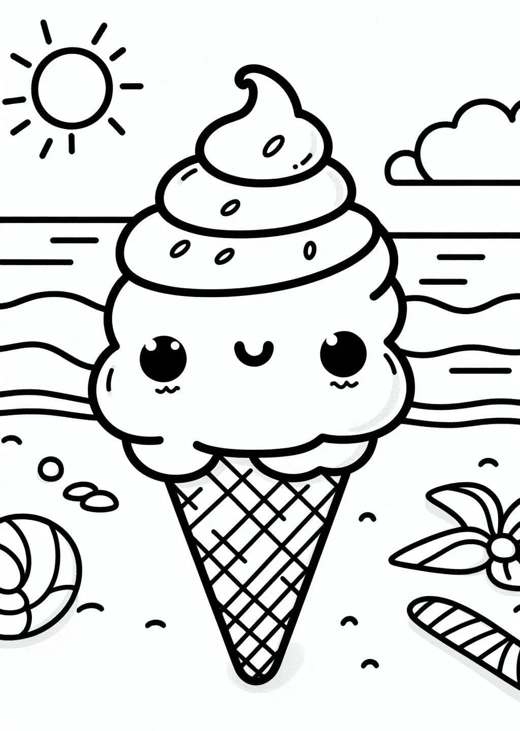 Glace Kawaii Sur la Plage coloring page