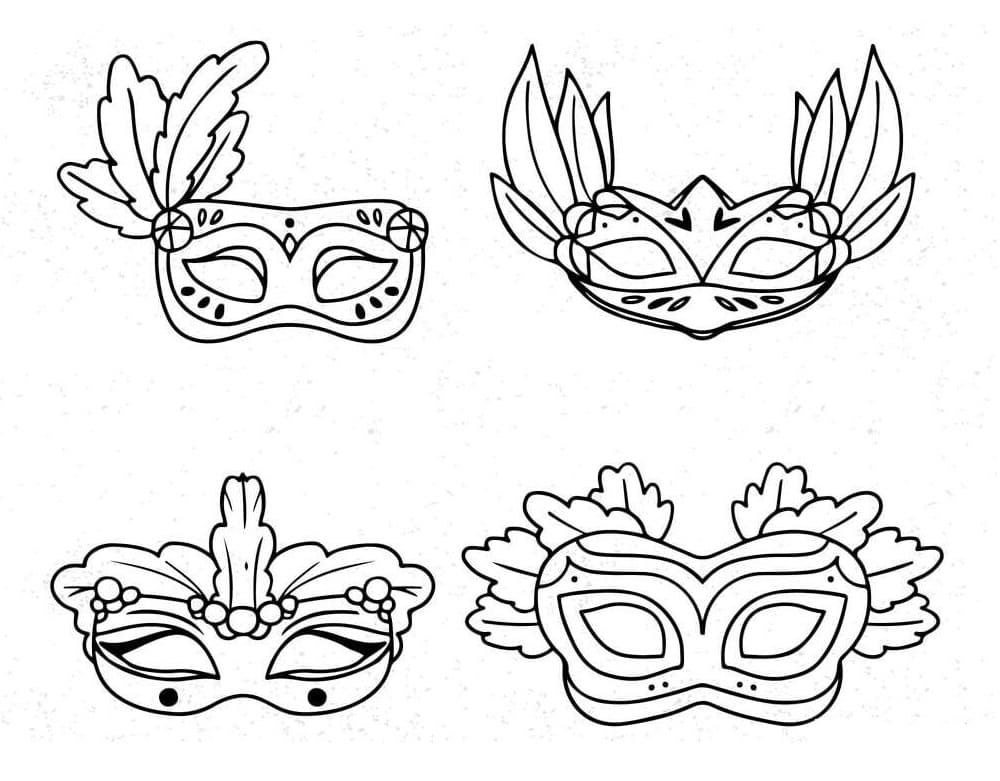 Quatre masques de carnaval coloring page