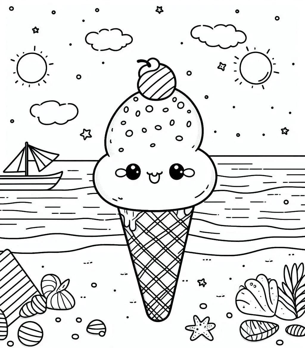 Coloriage Une Glace Kawaii Sur la Plage