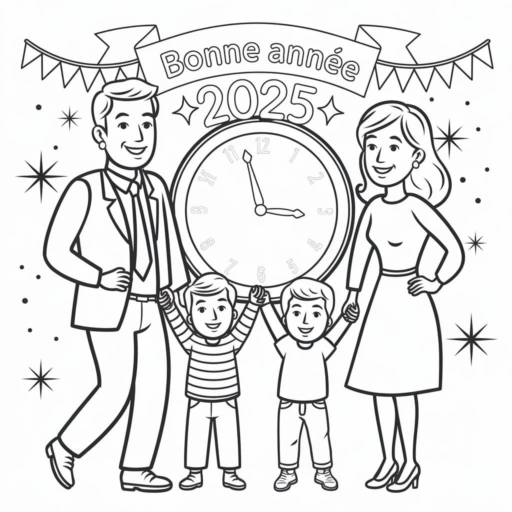 Coloriage Bonne Année 2025 avec Famille