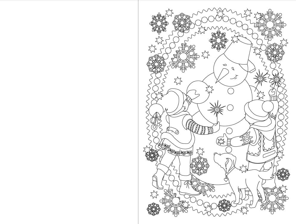 Coloriage Carte de Noël et Bonhomme de Neige