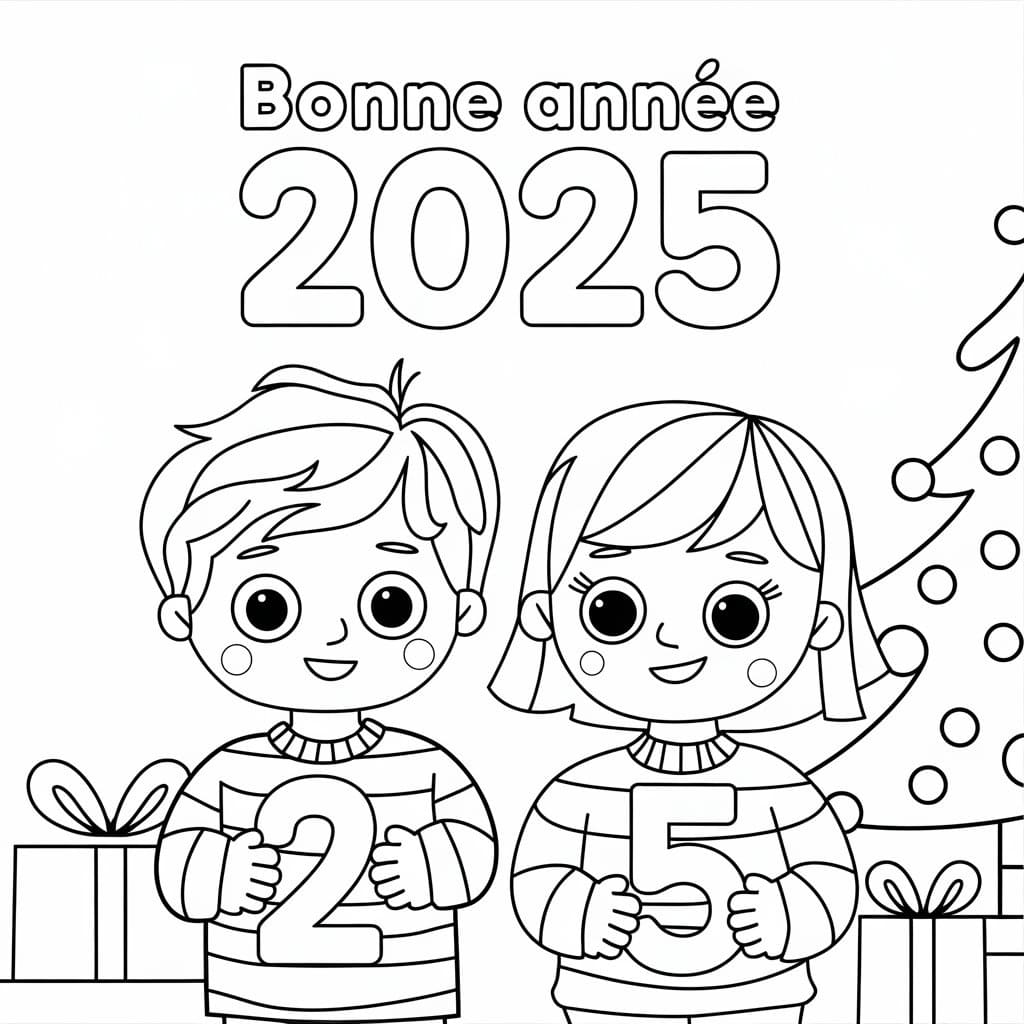 Coloriage Enfants et Bonne Année 2025