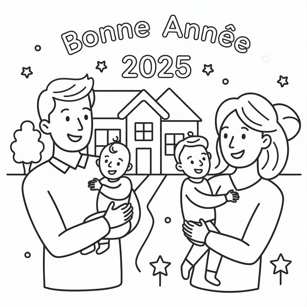 Coloriage Famille et Bonne Année 2025