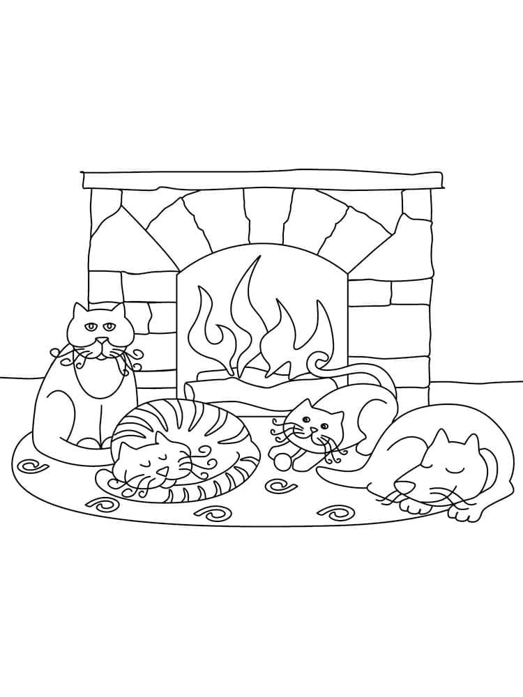 Coloriage Les chats et la cheminée