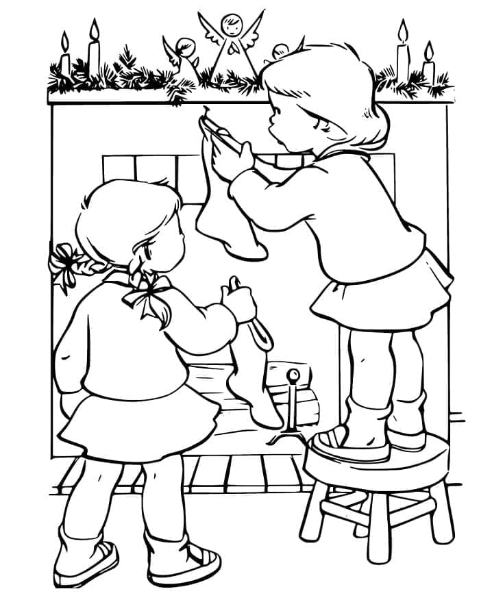 Coloriage Les enfants et la cheminée