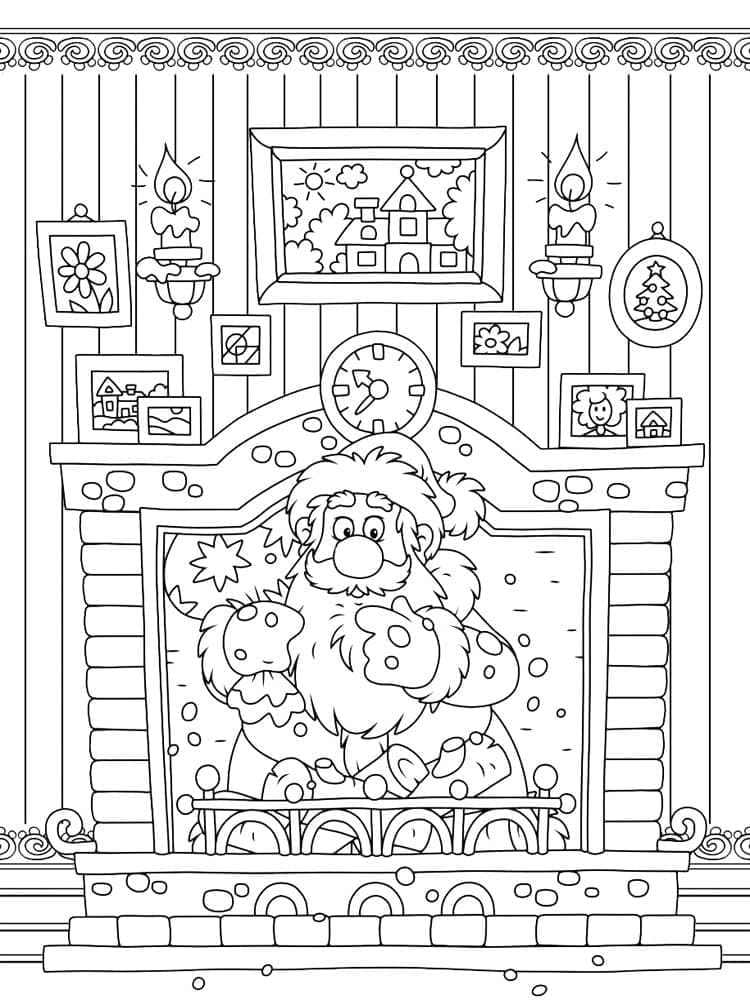 Coloriage Père Noël avec Cheminée