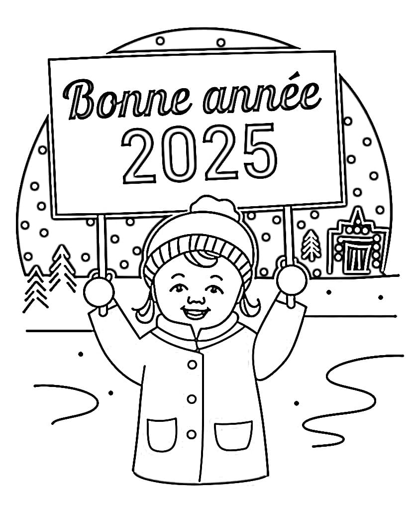 Coloriage Petite Fille et Bonne Année 2025