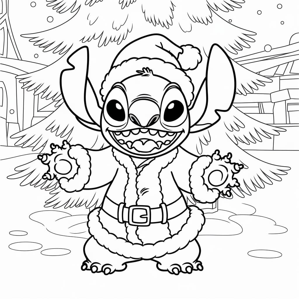 Coloriage Stitch avec Sapin de Noël