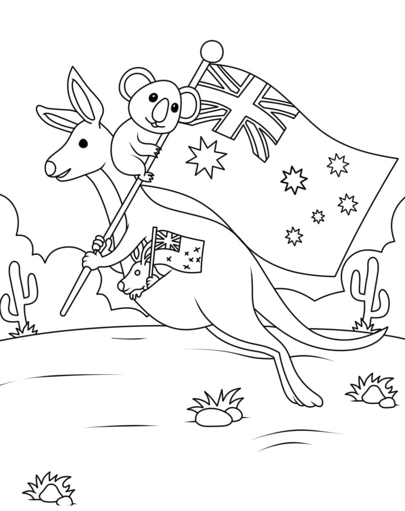 Coloriage Animaux avec le drapeau de l'Australie