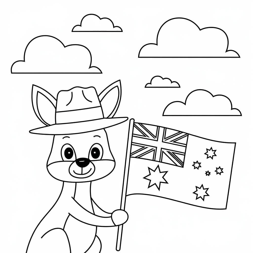 Coloriage Kangourou avec le drapeau australien