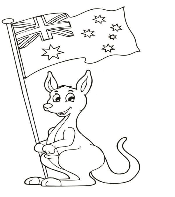 Coloriage Kangourou et drapeau australien