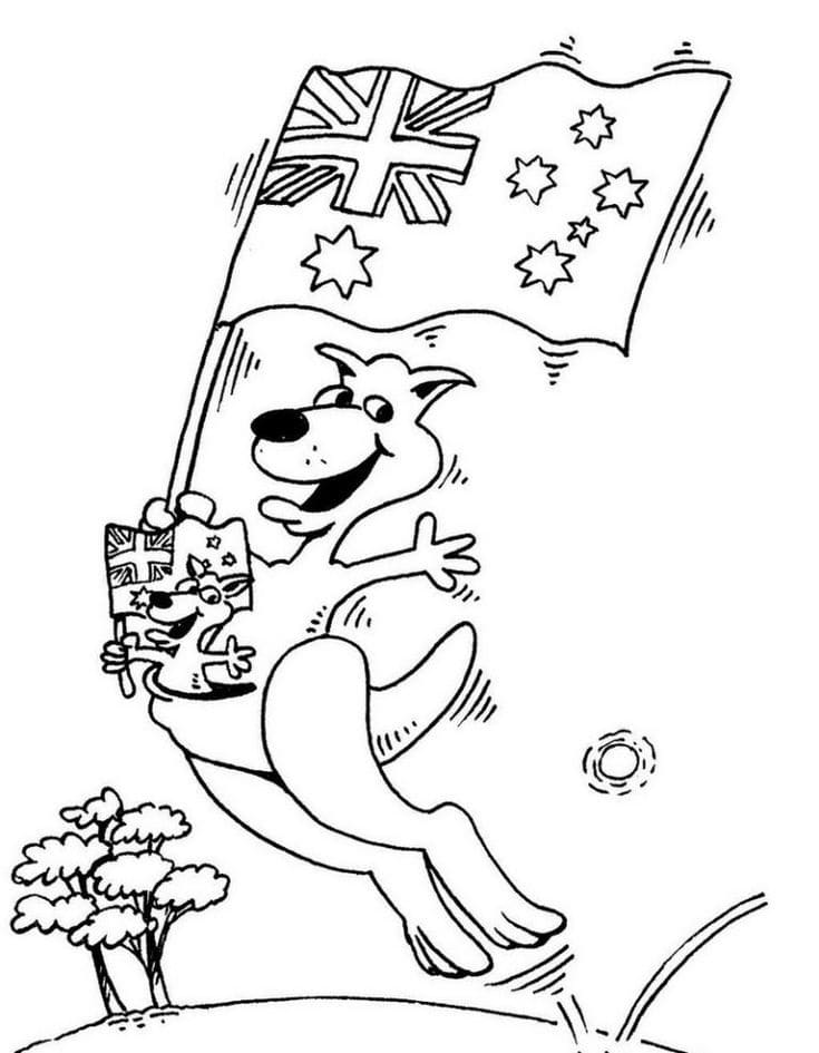 Coloriage Kangourous avec le drapeau australien