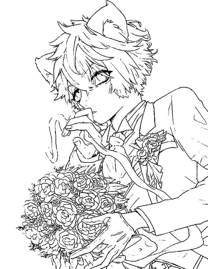 Coloriage Manga garçon avec des fleurs