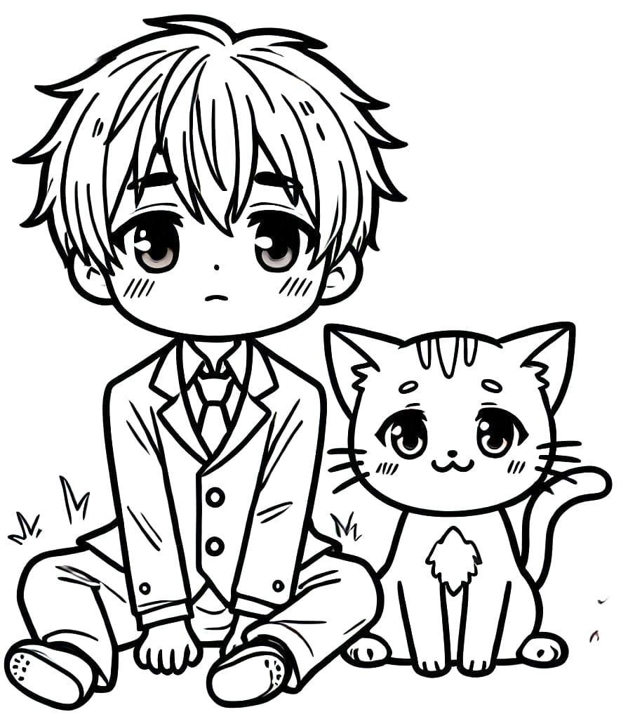 Coloriage Manga garçon et chat