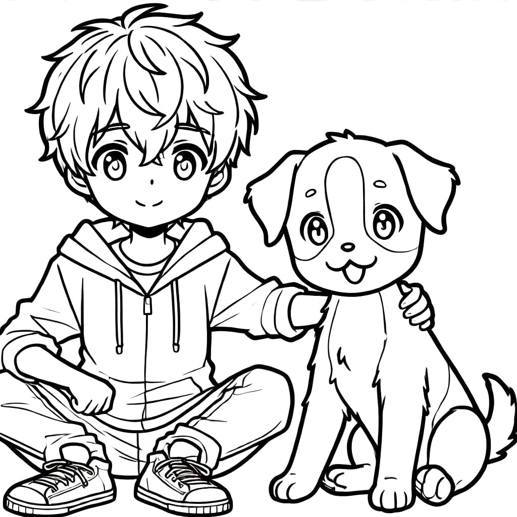 Coloriage Manga garçon et chiot