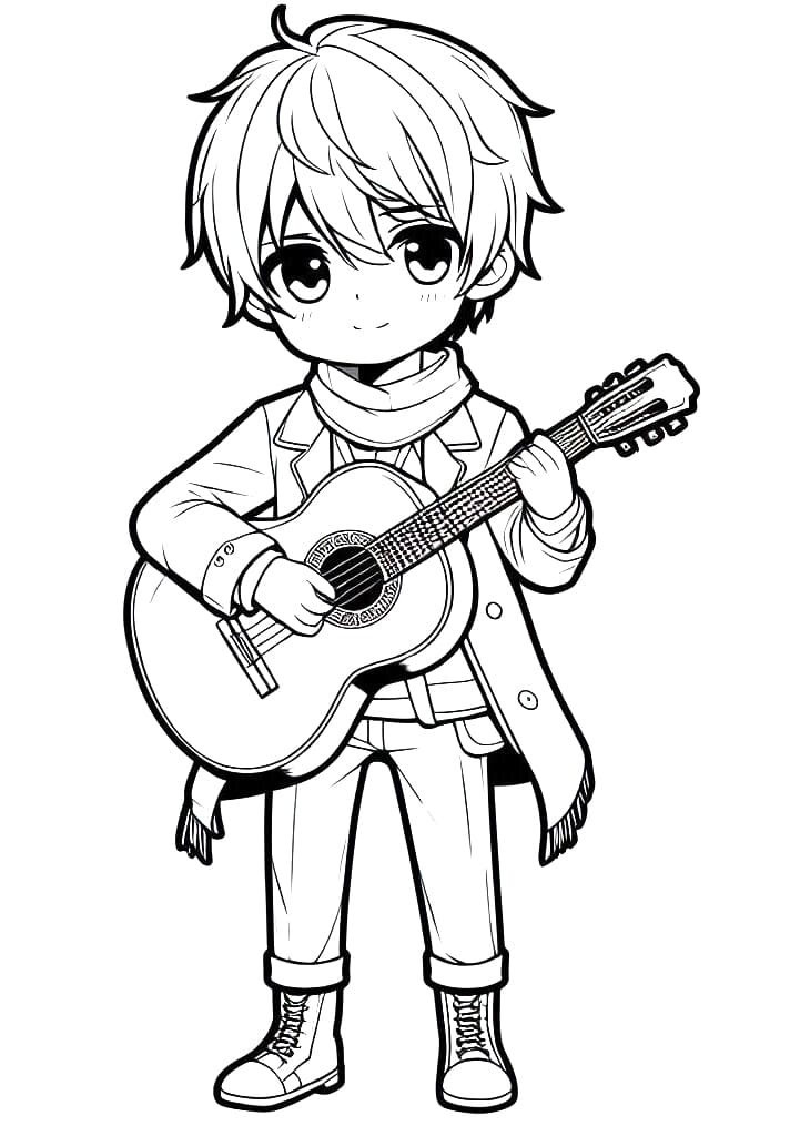 Coloriage Un garçon de manga joue de la guitare