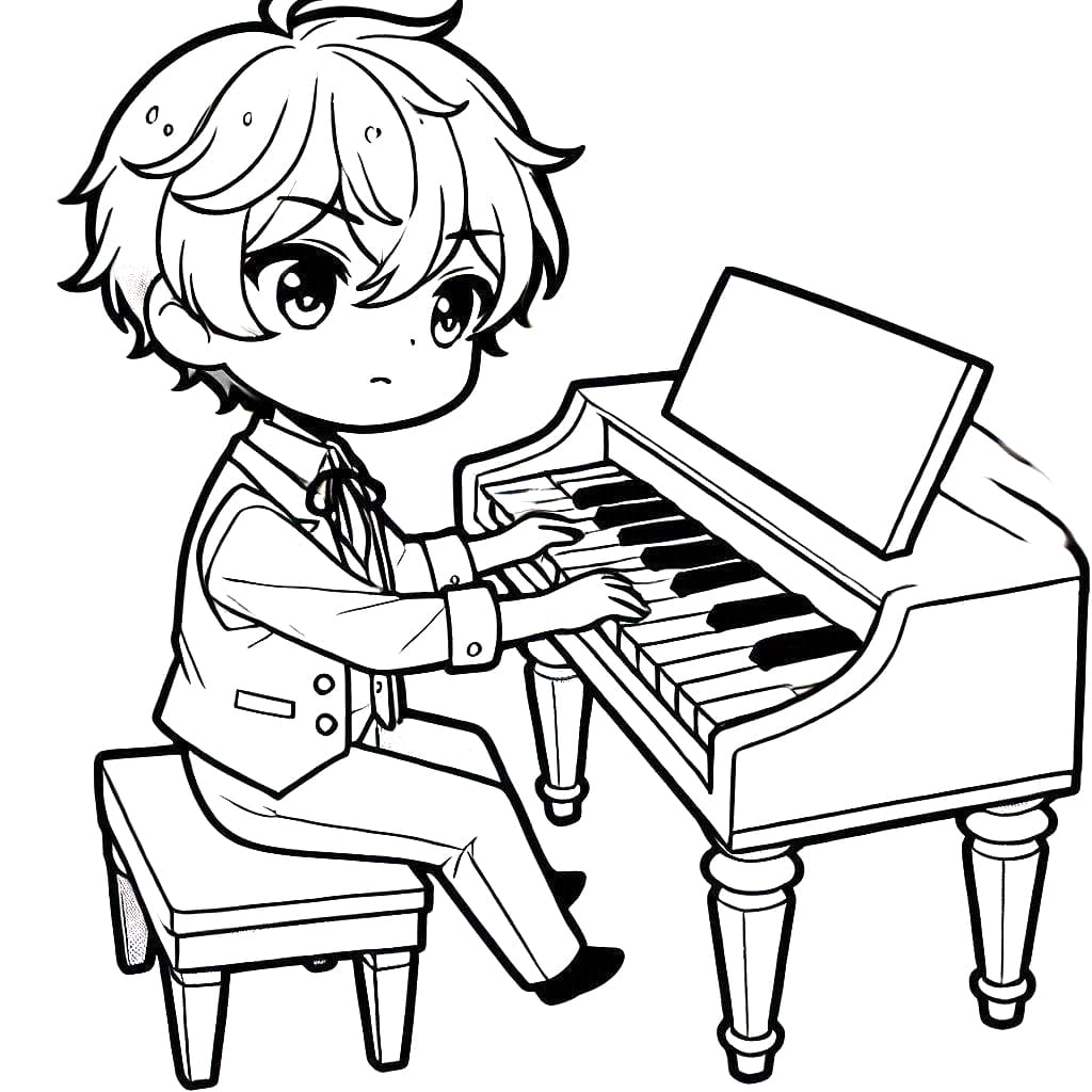 Coloriage Un garçon manga joue du piano