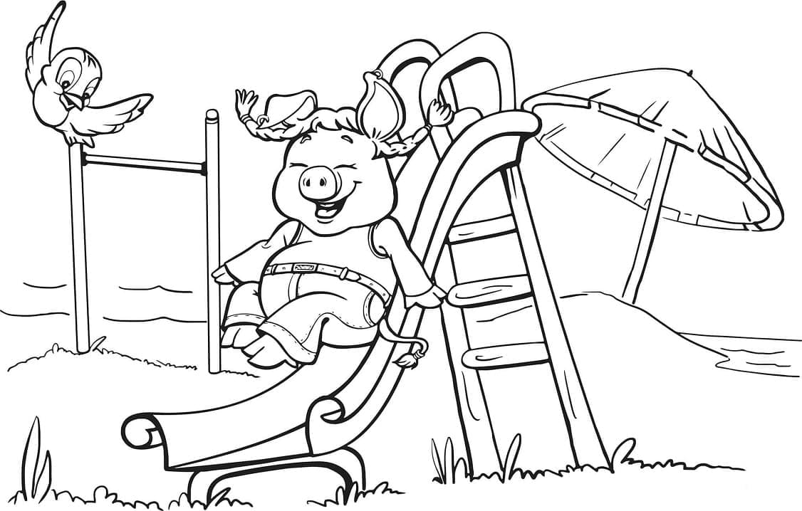 Coloriage Cochon sur toboggan