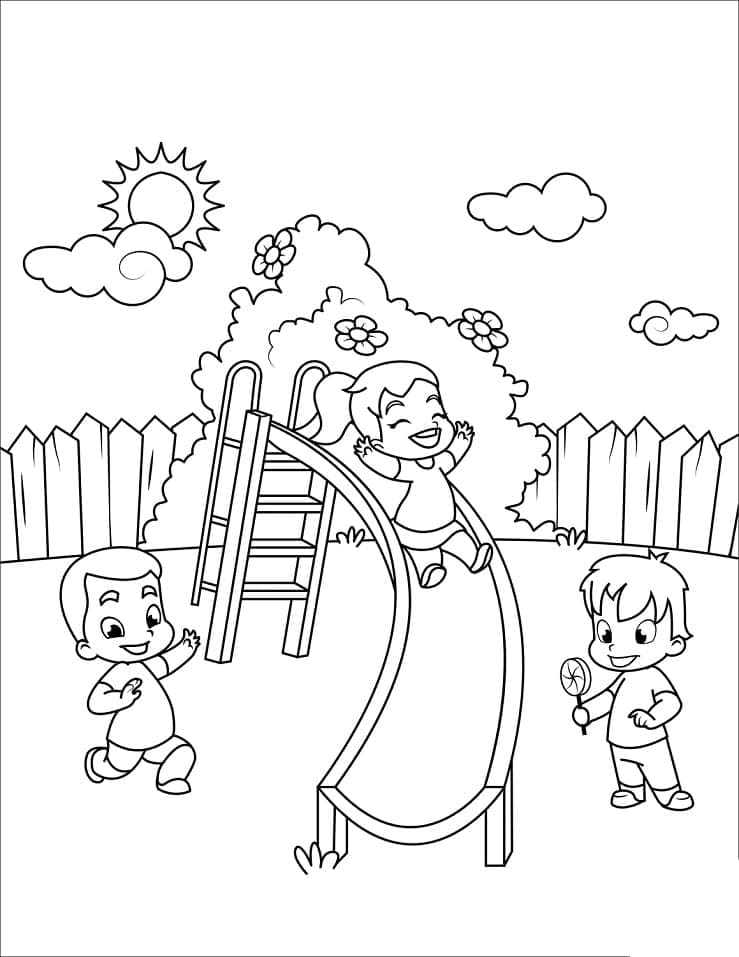 Coloriage Enfants jouent avec un toboggan