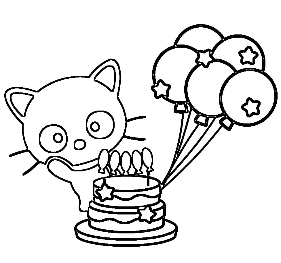 Coloriage Chococat et gâteau d'anniversaire