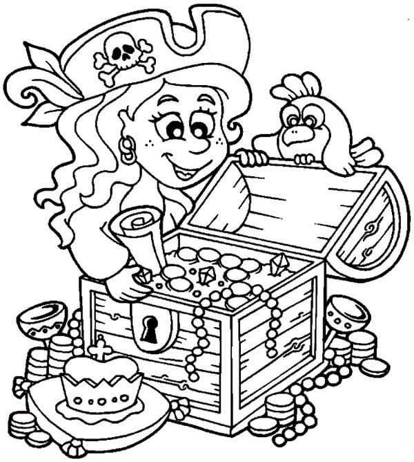 Coloriage Fille et Coffre au Trésor