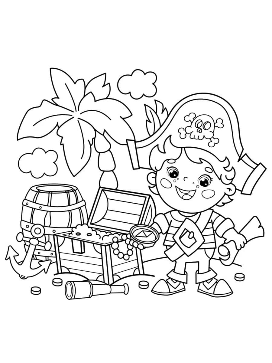 Coloriage Garçon et Coffre au Trésor