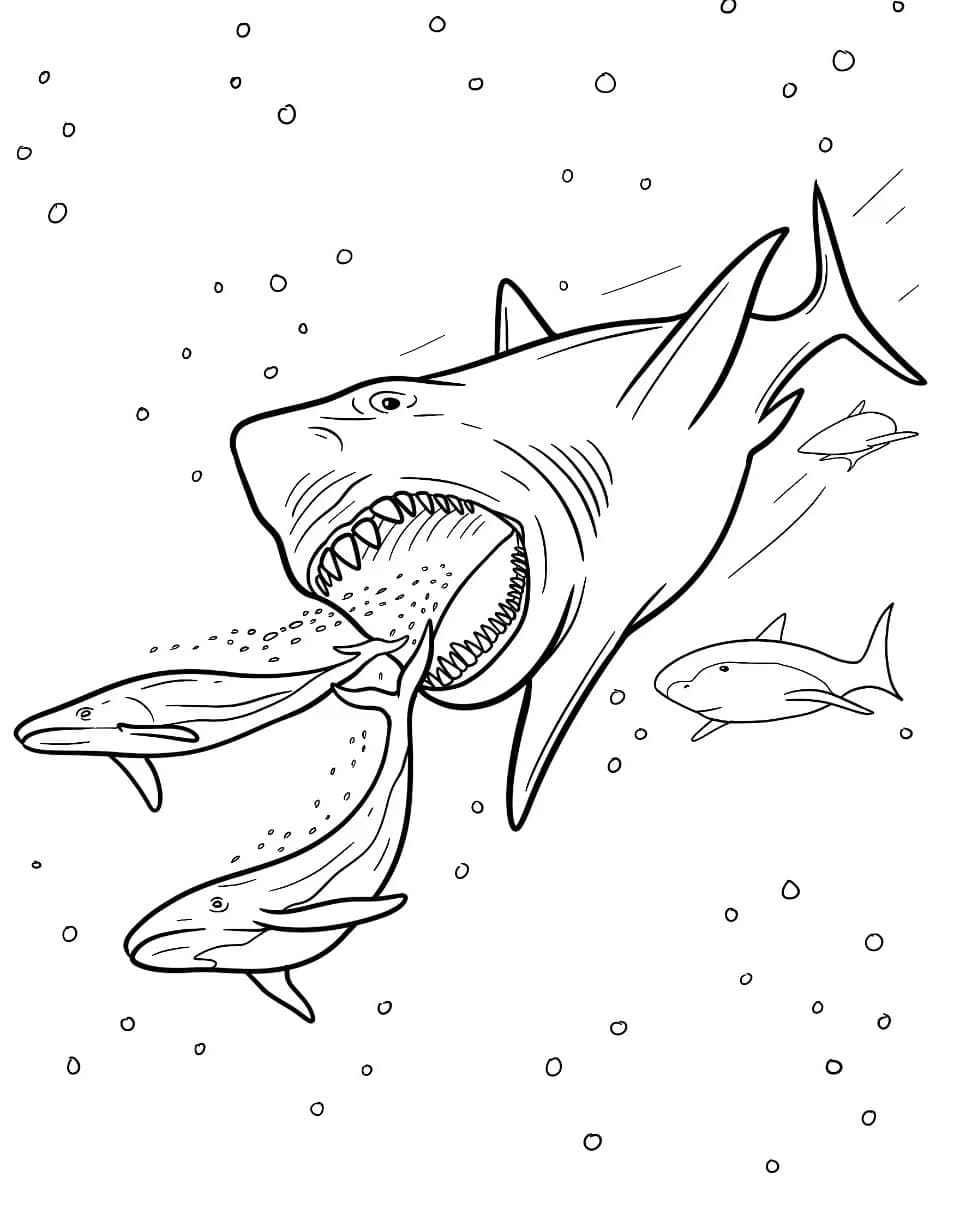 Coloriage Mégalodon avec des baleines