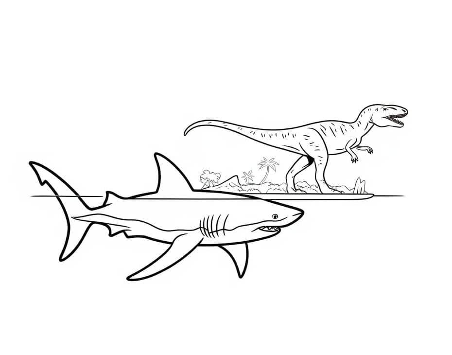 Coloriage Mégalodon avec dinosaure