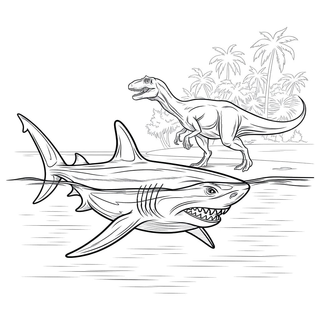 Coloriage Mégalodon et dinosaure