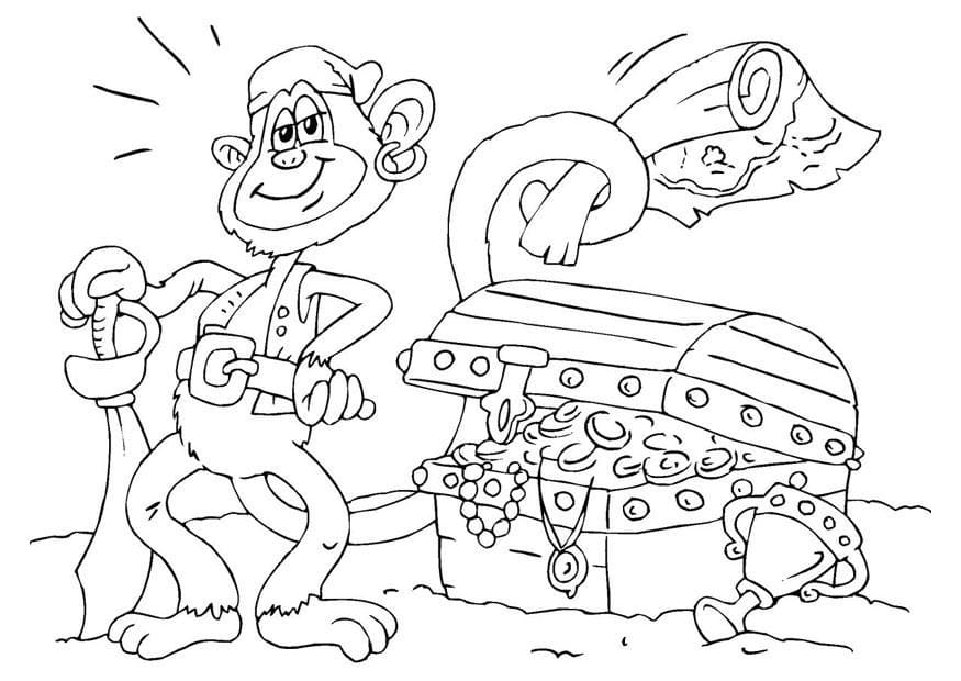 Coloriage Singe et Coffre au Trésor