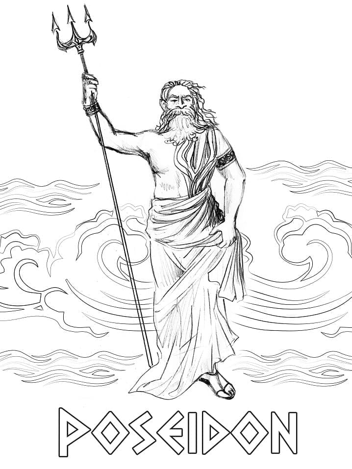 Coloriage Poséidon Dieu des Mers Grecs Antiques