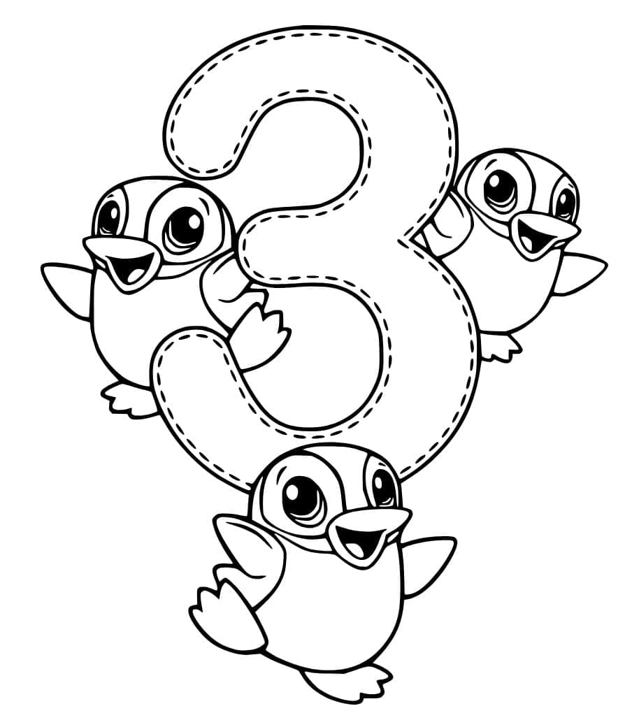 Coloriage Chiffre 3 et Pingouins